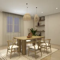 Wooden dining table with six chairs woven light fixtures patterned rug and wall shelves decor