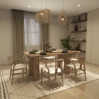 Wooden dining table and chairs with woven ceiling lights on a rug with long curtains