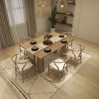 Wooden dining table and six chairs on a patterned rug with woven ceiling lights plants