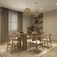 Wooden dining table with six chairs woven ceiling lights patterned rug and wall shelves with curtains