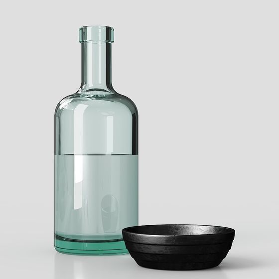 Elegant Glass Bottle and Black Bowl 3D model