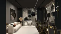 Modern salon interior with white sofa marble wall hexagon mirrors black and gold professional chairs