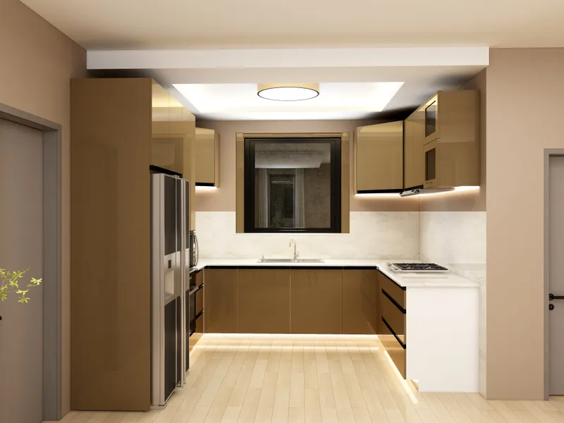 Modern U-shaped kitchen with brown cabinets white marble countertops wooden flooring ceiling light and refrigerator