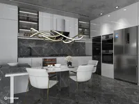 Contemporary kitchen design with white dining chairs gold ceiling light grey marble and silver kitchen appliances