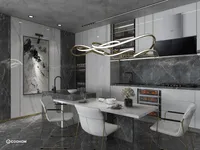 Luxury kitchen interior with white dining table set unique gold ceiling light and grey marble walls