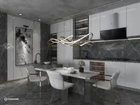 Contemporary open kitchen with dark marble flooring, white dining set, gold ceiling light and appliances