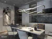 Modern kitchen dining area featuring white table gold ceiling light marble walls and grey stone flooring