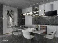 Modern kitchen with dark marble walls, white dining table, gold ceiling light, and white chairs