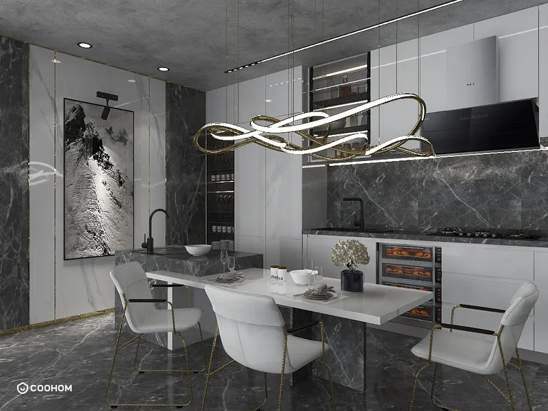 Modern kitchen with dark marble walls, white dining table, gold ceiling light, and white chairs