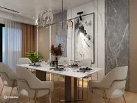 Elegant dining room featuring marble table, six white chairs, ceiling light, wall art and curtains