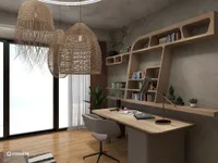 Modern home office with wooden desk grey chair woven ceiling lights and wall mounted bookshelf