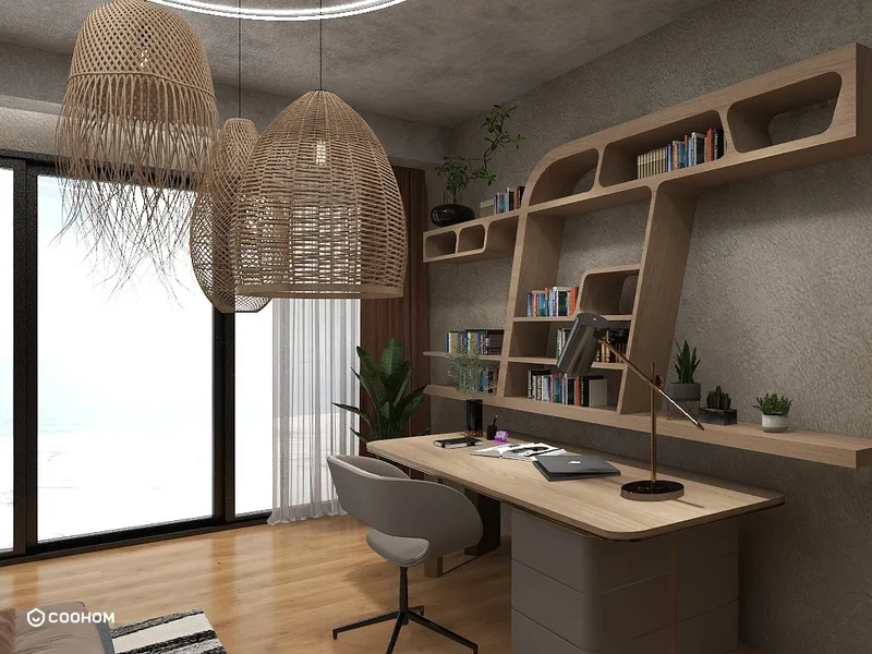Modern home office with wooden desk grey chair woven ceiling lights and wall mounted bookshelf
