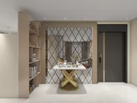 Modern entryway featuring diamond wall mirror gold console table wooden bookshelves and dark grey door