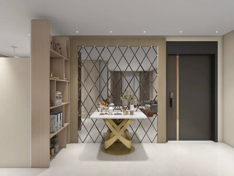 Modern entryway featuring diamond wall mirror gold console table wooden bookshelves and dark grey door