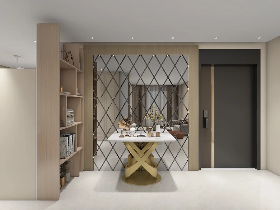 Modern entryway featuring diamond wall mirror gold console table wooden bookshelves and dark grey door