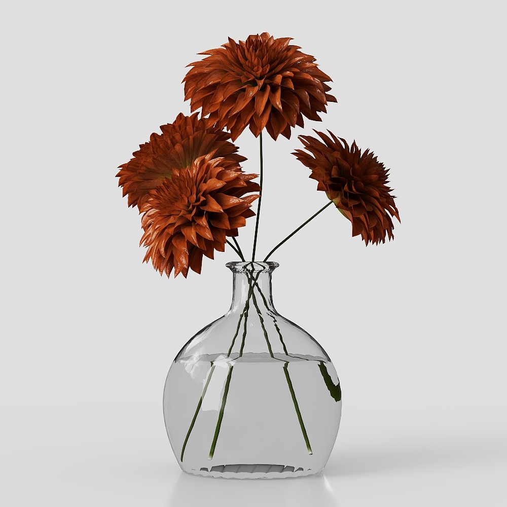 Glass Vase with Orange Chrysanthemums 3D Model – Low-Poly Floral Design