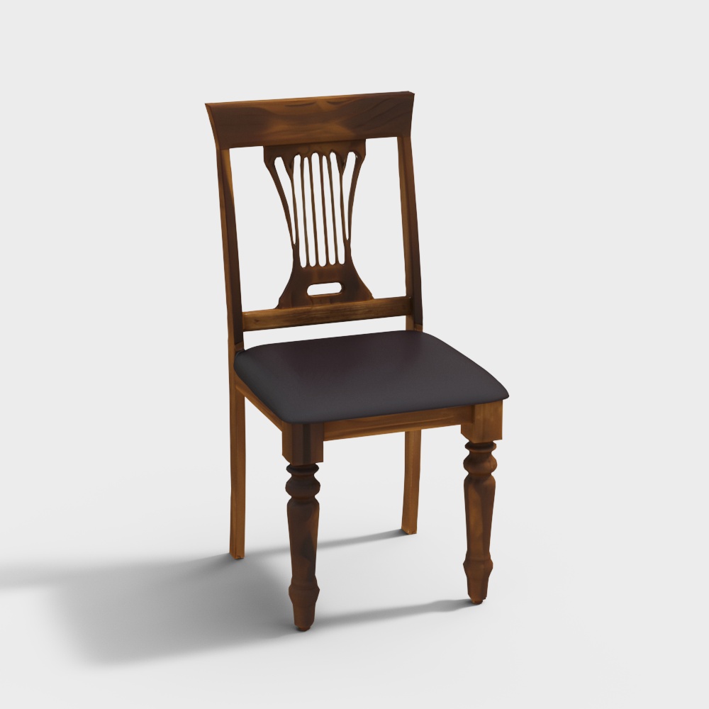 Vintage Wooden Chair 3D Model – Carved Wood & Leather