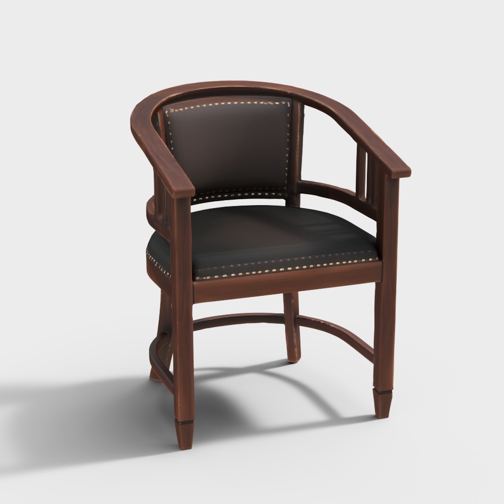 Vintage Round Back Chair 3D Model – Classic Wood & Leather