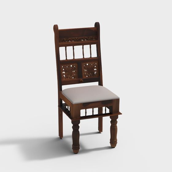 Wooden Carved Chair 3D Model in Brown