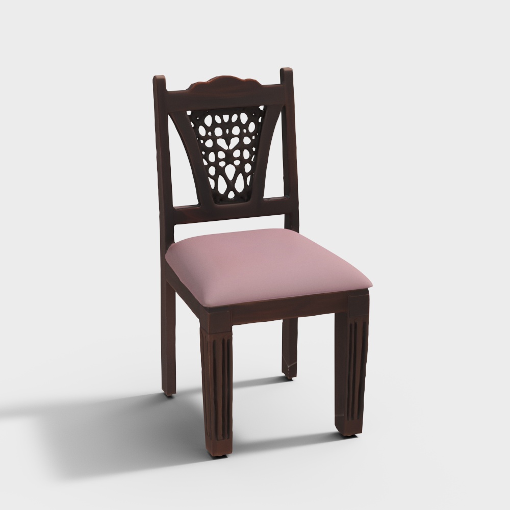 Vintage Style Chair 3D Model – Carved Wood and Pink Cushion