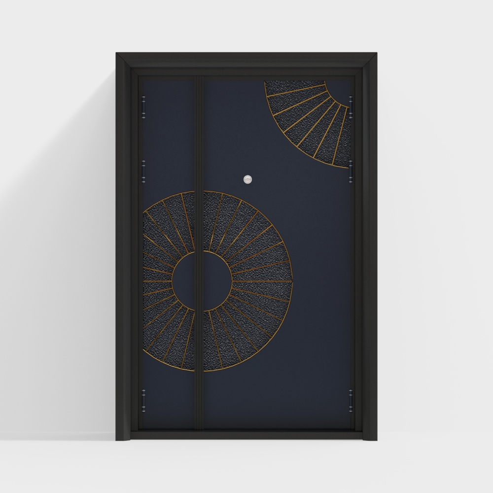 Futuristic Door 3D Model – Blue Metal with Gold Patterns