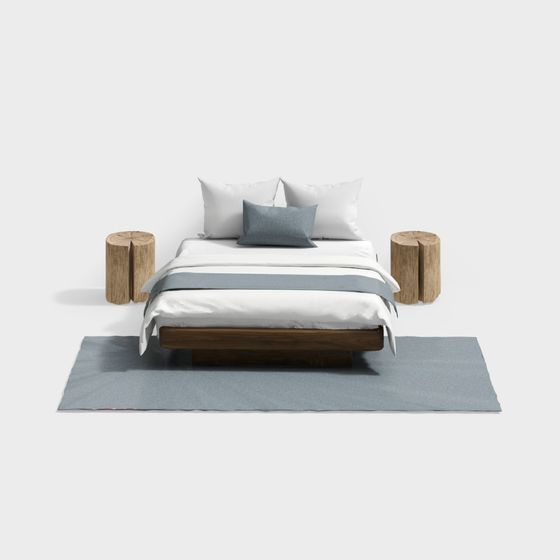 Stylish Wooden Bed and Side Table 3D model