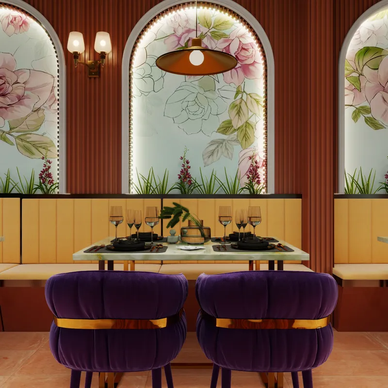 Elegant restaurant dining table with purple velvet chairs yellow seating and arched floral wall panels