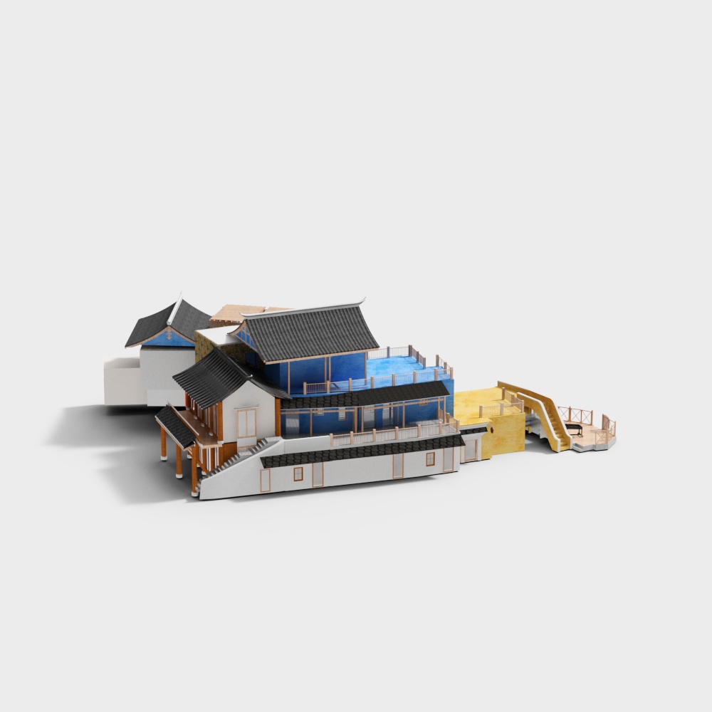 Low-Poly Eastern Style Architectural Ensemble 3D model