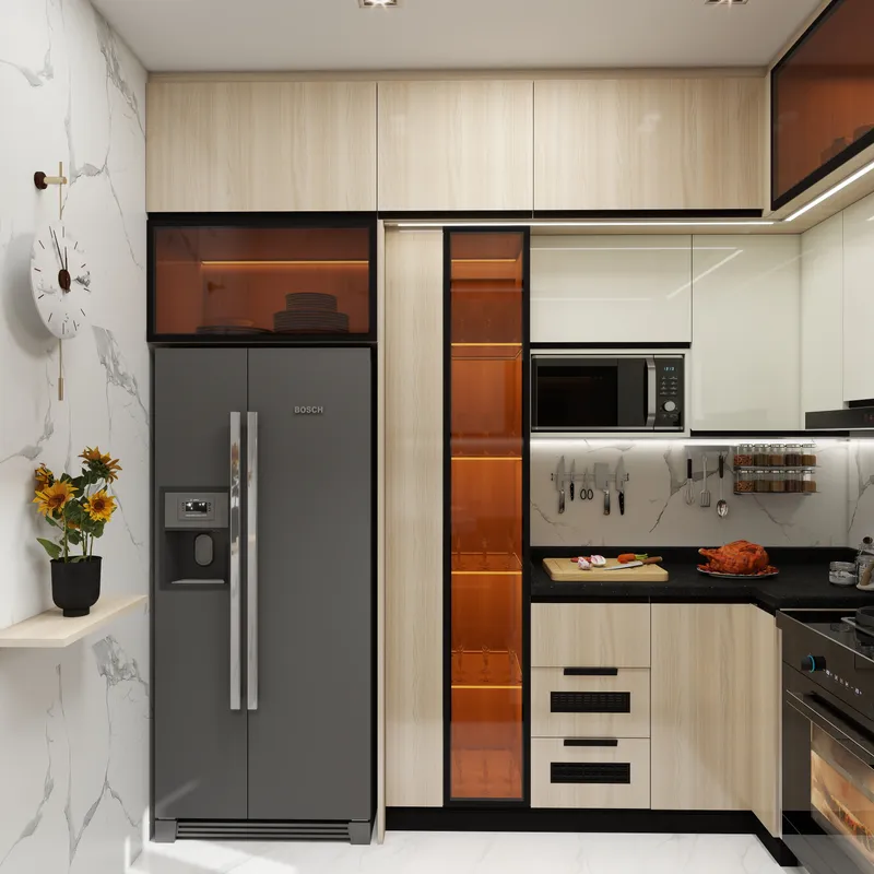 Modern kitchen with grey fridge light wood cabinets black countertop white marble walls and sunflowers