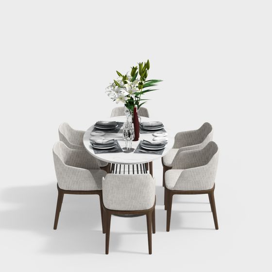 Round Table with Six Chairs 3D model
