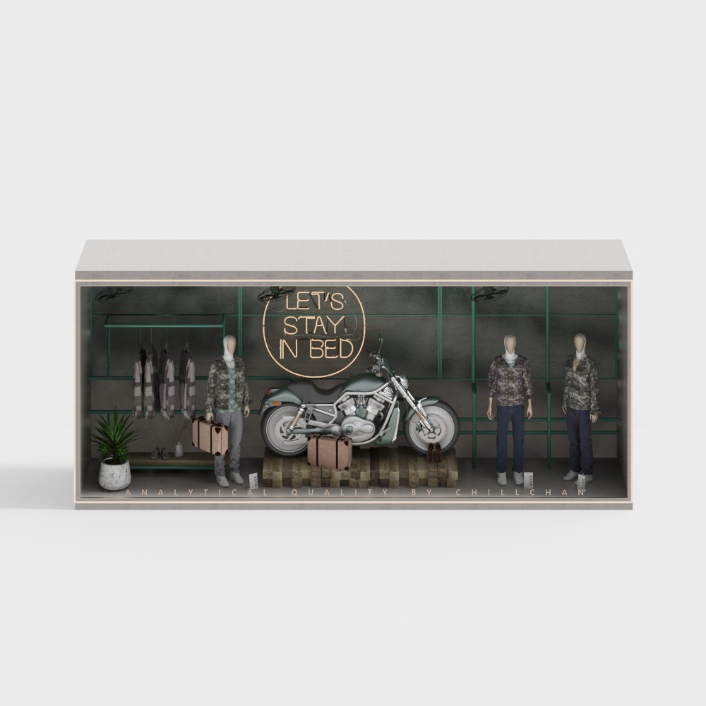 インダストリアルロフトメンズウェアウィンドウディスプレイ