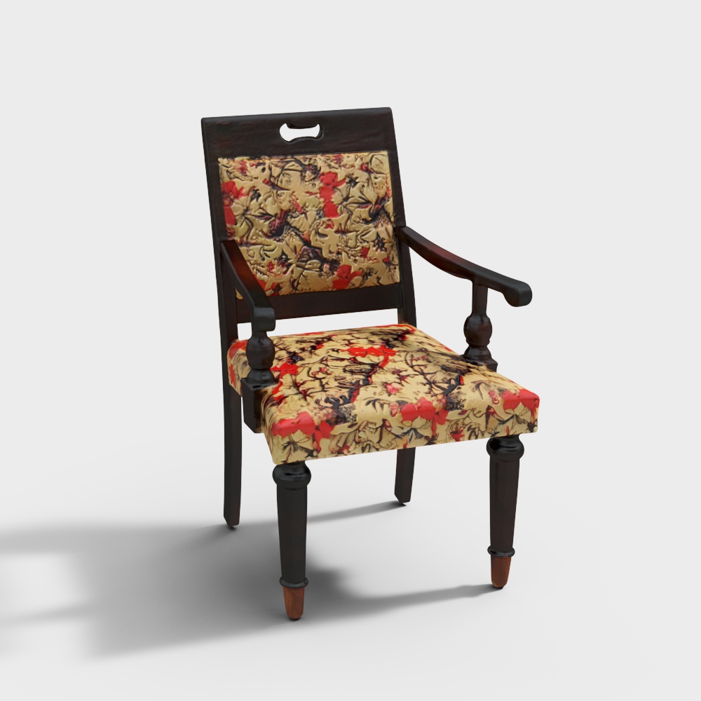 Elegant Vintage Armchair 3D Model – Classic Floral Cushions