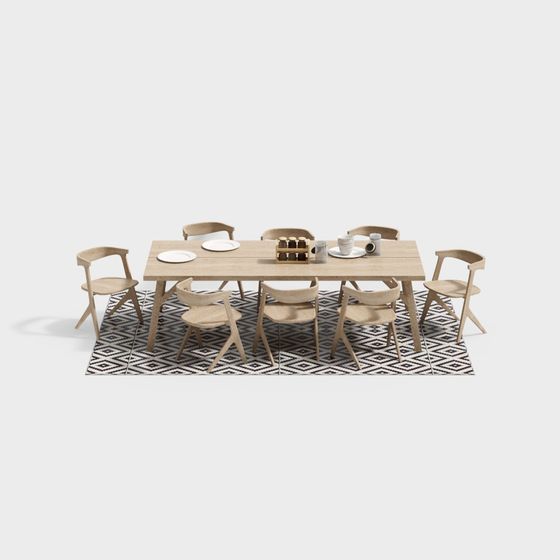 Stylish Wood Dining Table and Chairs Set 3D model