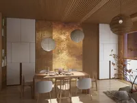 Modern dining room featuring wooden table, white chairs, round ceiling lights, wood paneling, gold wall