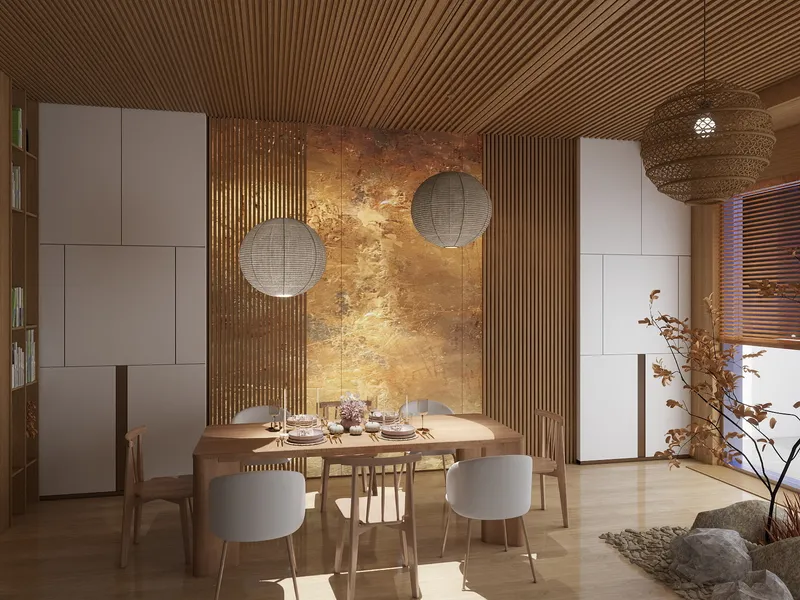 Modern dining room featuring wooden table, white chairs, round ceiling lights, wood paneling, gold wall