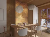 Modern dining room with wooden table white chairs and round paper ceiling lights near window
