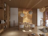 Wooden bookshelf next to dining area with round ceiling lights and wood slatted ceiling design