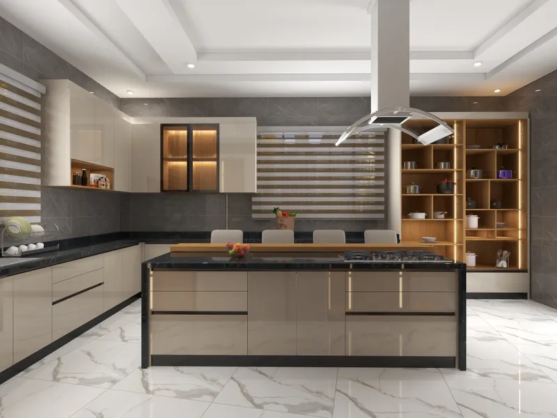 Modern kitchen with black marble island beige cabinets grey wall tiles and white marble floor