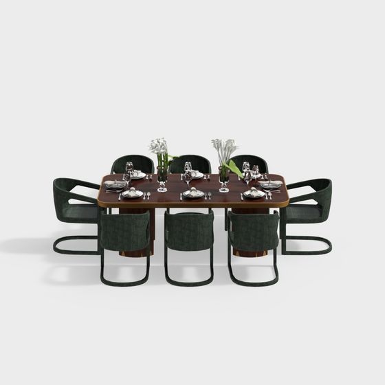 Elegant Green Dining Table and Chair Set 3D model