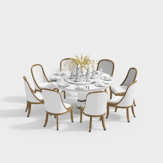 Elegant Round Table and Six Chairs 3D Model