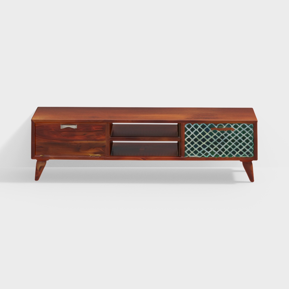 Vintage TV Stand 3D Model – Wood and Glass Design