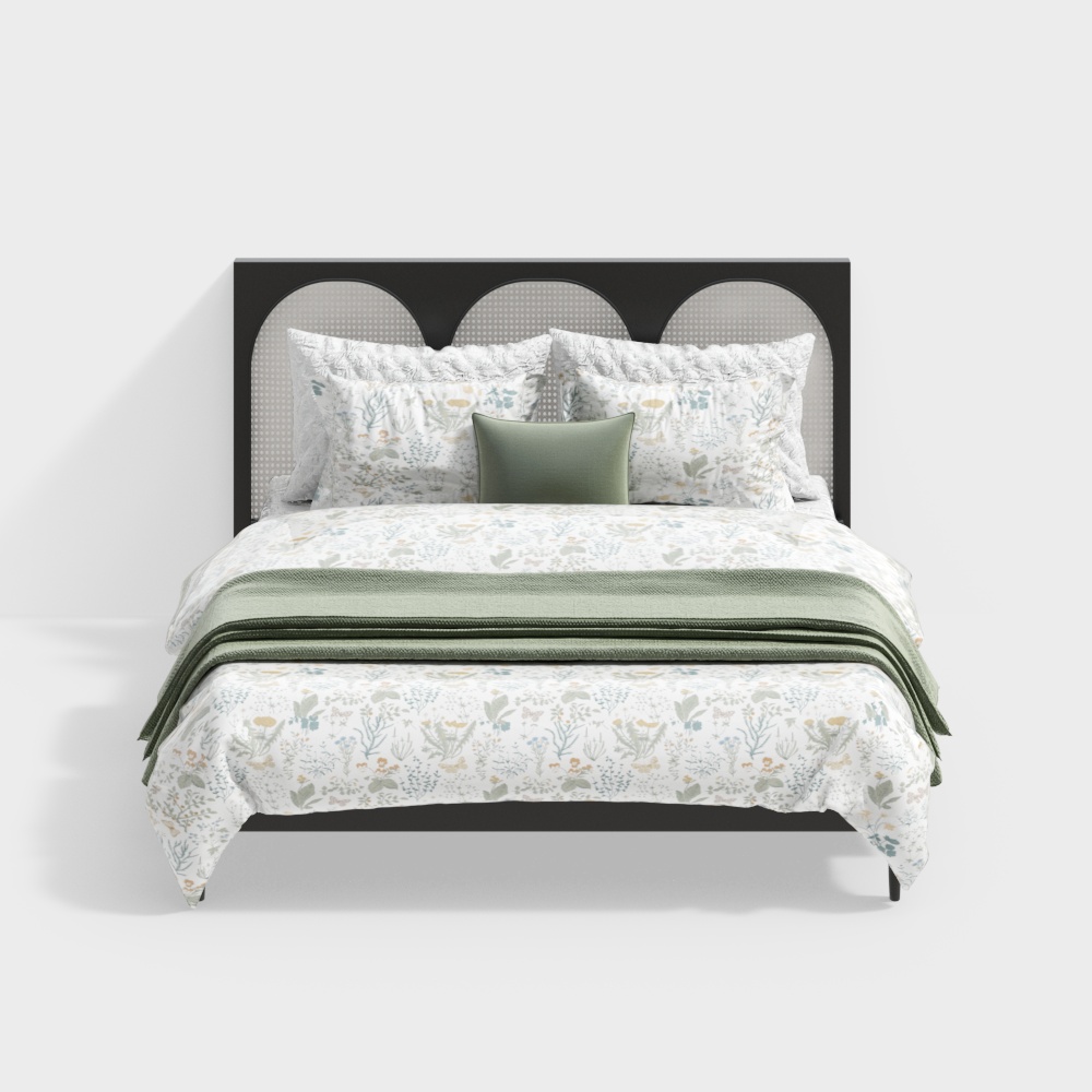 French Mid-Century Black Woven Rattan Double Bed