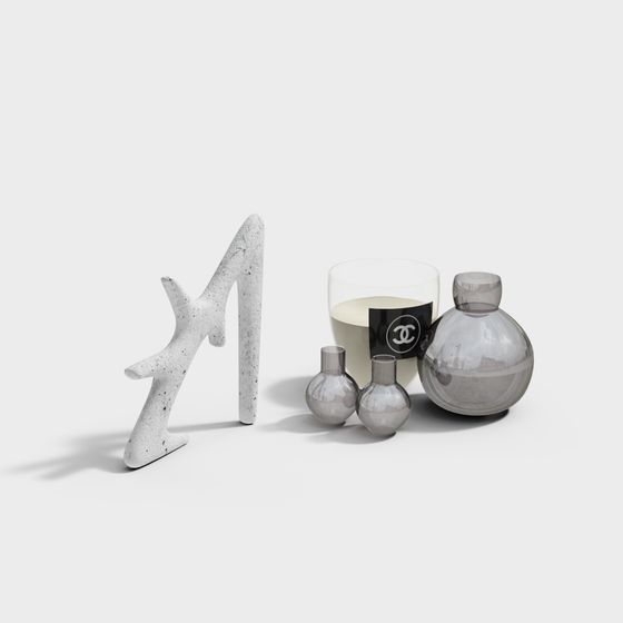 Elegant White Stone Sculpture and Glass Vase Set 3D model