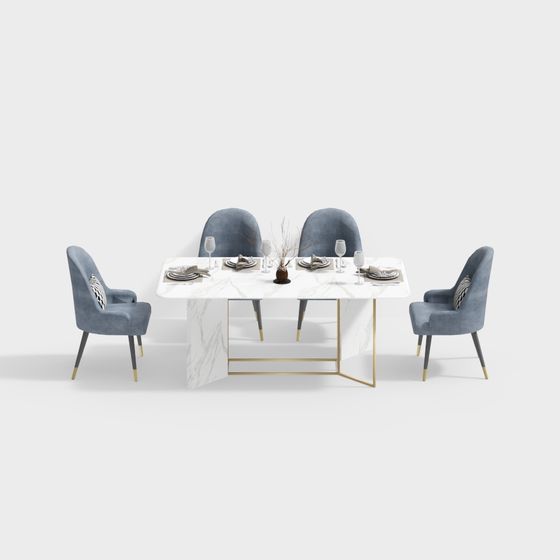 Marble Dining Table and Velvet Chair Set 3D model