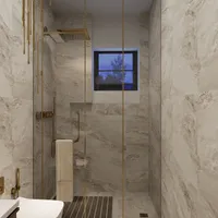 Modern walk-in shower with marble walls gold shower head glass door and a small window