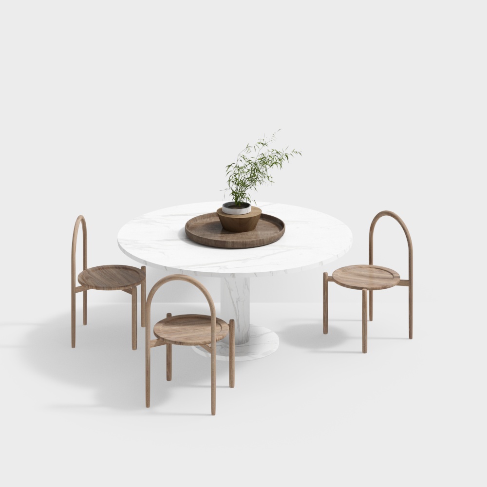 Round Table and Wooden Chair Set 3D model
