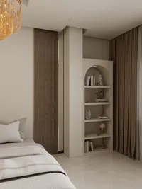 Modern bedroom with white bed arched wall shelf brown wall panel long curtains ceiling light