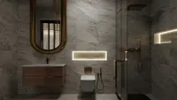 Luxury dark bathroom with glowing wall light strips wooden cabinet white toilet and marble tiles