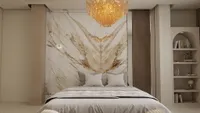 Luxurious bedroom with large gold ceiling light marble wall panel white bed and arched shelving