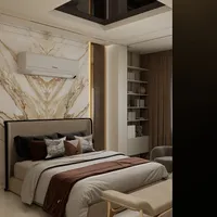 Modern bedroom with marble wall panel air conditioner beige bench bookshelf and grey bed linen